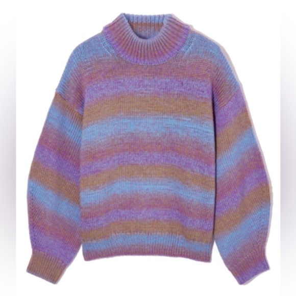 NEW COS Striped Wool Knit Purple Ombré Chunky Mock neck Oversized Sweater Medium - Picture 1 of 12